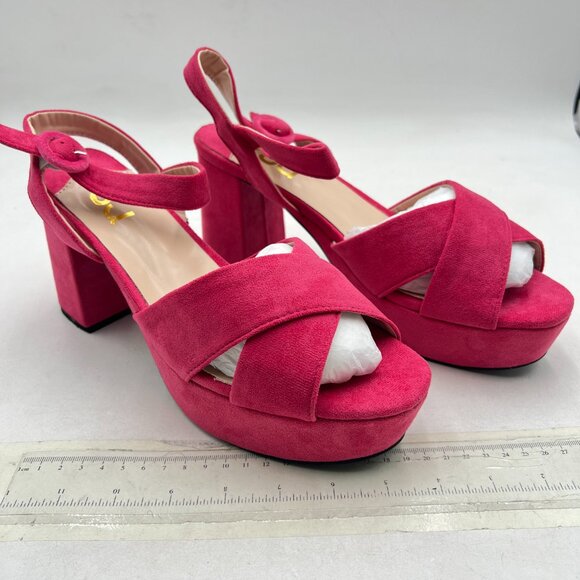 FSJ Hot Pink Peep Toe Chunky High Heels Platform Sandals Ankle Strap Suede Shoes - Picture 4 of 8